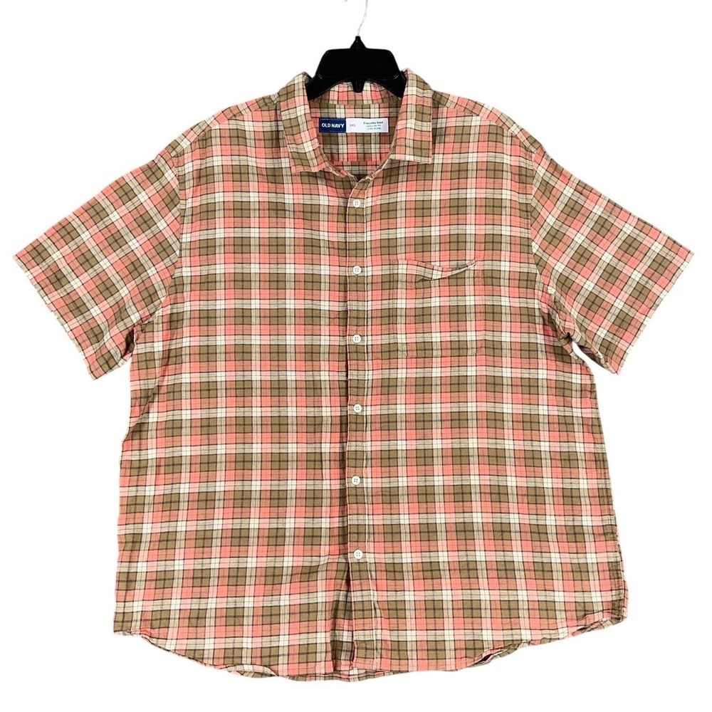 Old Navy Linen Shirt Mens XXL Plaid Short Sleeve Relaxed Everyday Essential